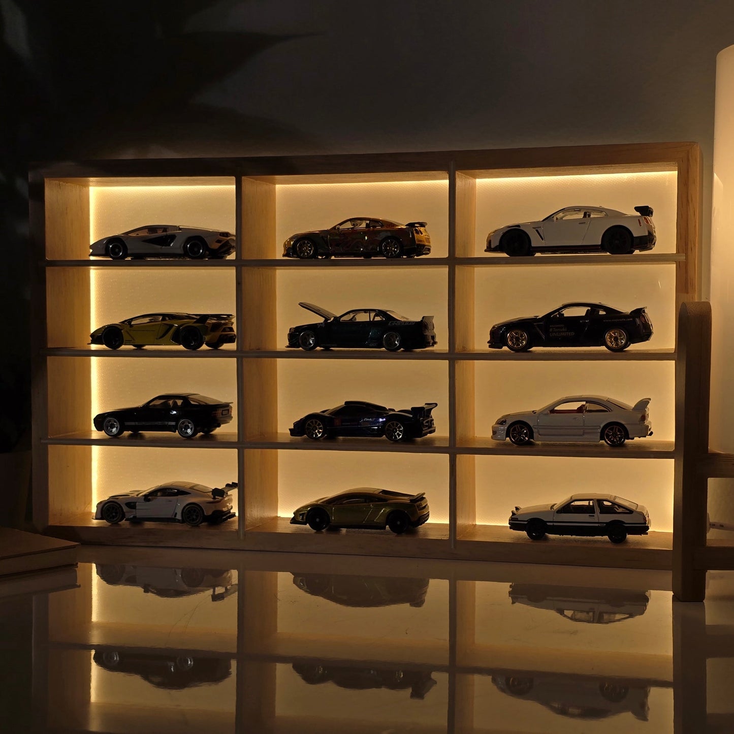 Wooden Light Up Hot Wheels Organizer with 12 Mini Hotwheels Cars